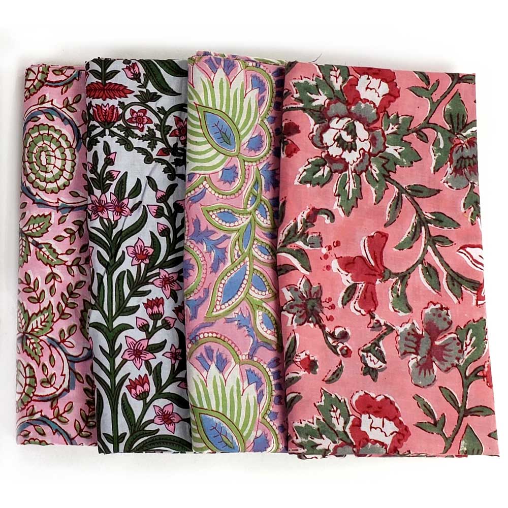 4 piece Full Yard Bundle, Assorted Pink Block Printed Indian Cotton