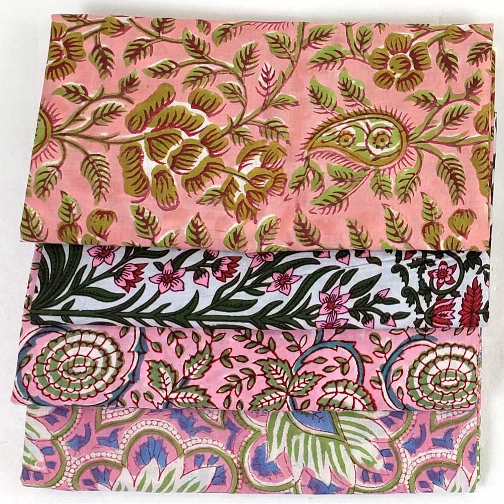 4 piece Full Yard Bundle, Assorted Pink Block Printed Indian Cotton