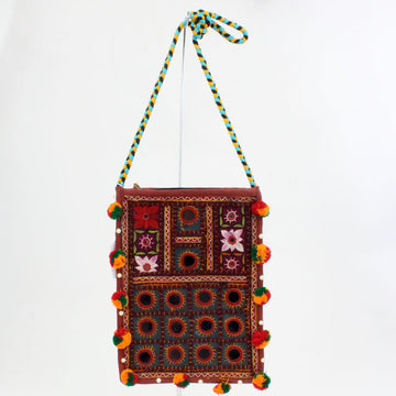 Indian Pompom Purse with Mirrors, Burgundy