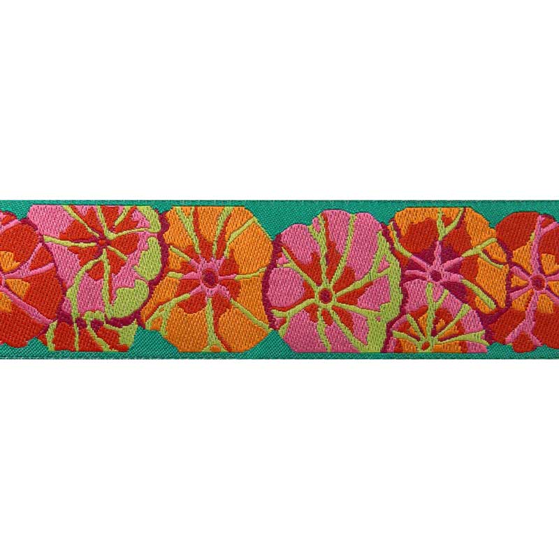 Orange, Red & Pink Lotus on Green, 1.5 in. ribbon by Kaffe Fassett