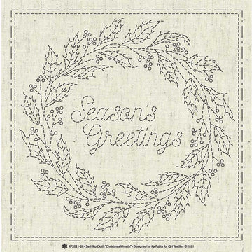 Sashiko Preprinted Fabric, Christmas Wreath on Greige