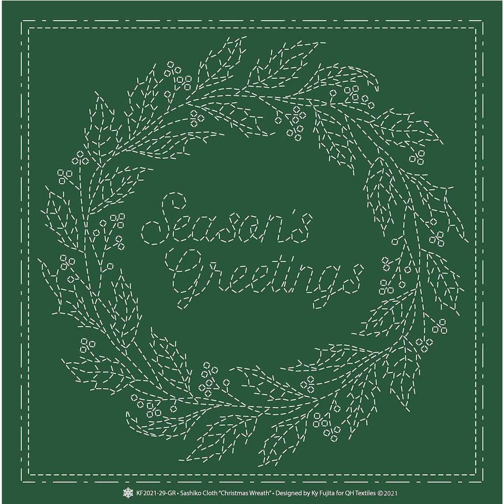 Sashiko Preprinted Fabric, Christmas Wreath on Green