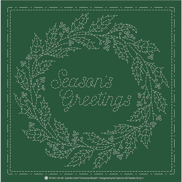 Sashiko Preprinted Fabric, Christmas Wreath on Green