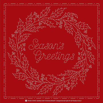 Sashiko Preprinted Fabric, Christmas Wreath on Red
