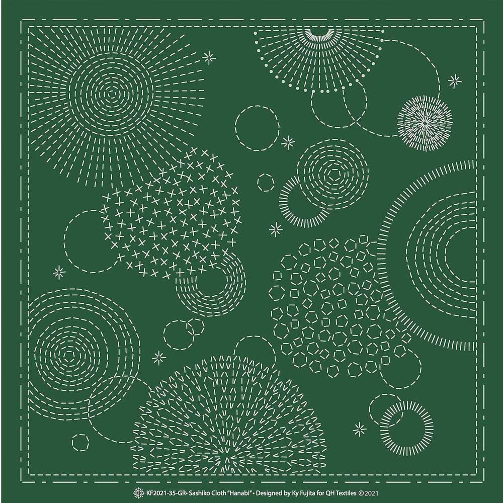 Sashiko Preprinted Fabric, Hanabi (Fireworks) on Green