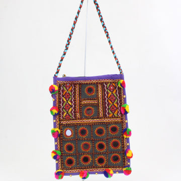 Indian Pompom Purse with Mirrors, Purple