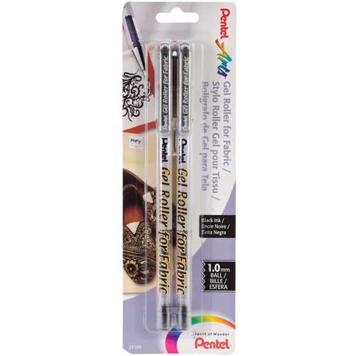 Pentel Arts Permanent Fabric Gel Roller Pens, Black, set of 2